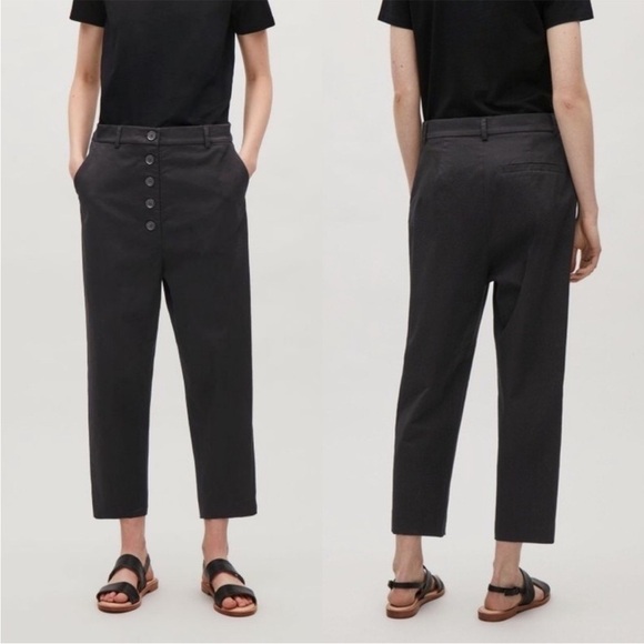 COS Buttoned Fly Drop-Crotch Trousers Harem Black Cropped Pants Cotton Size 8 - Picture 1 of 9